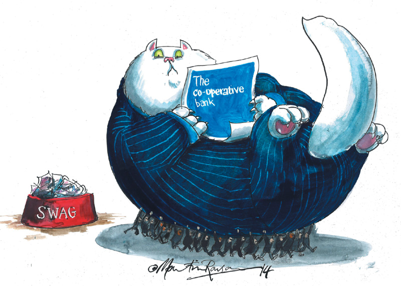 Martin Rowson cartoon - fat cat being removed by lots of little people